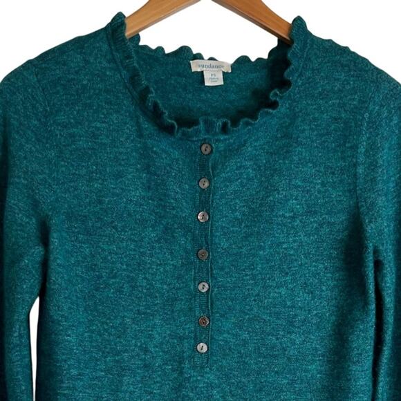 SUNDANCE Edwina Henley Cashmere Blend Ruffle Trim Sweater in Teal Green Sz Small - Picture 3 of 9
